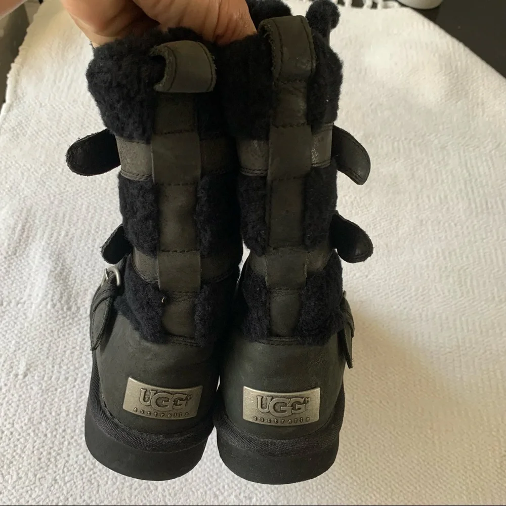 UGG Women's Black Grey Shearling Buckle Winter Boots